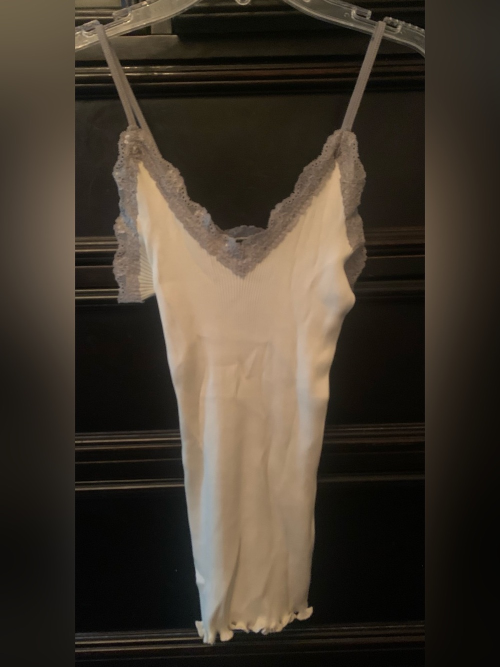 Lace Trim Silk Knit  Camisole - Cream with Gray Lace
